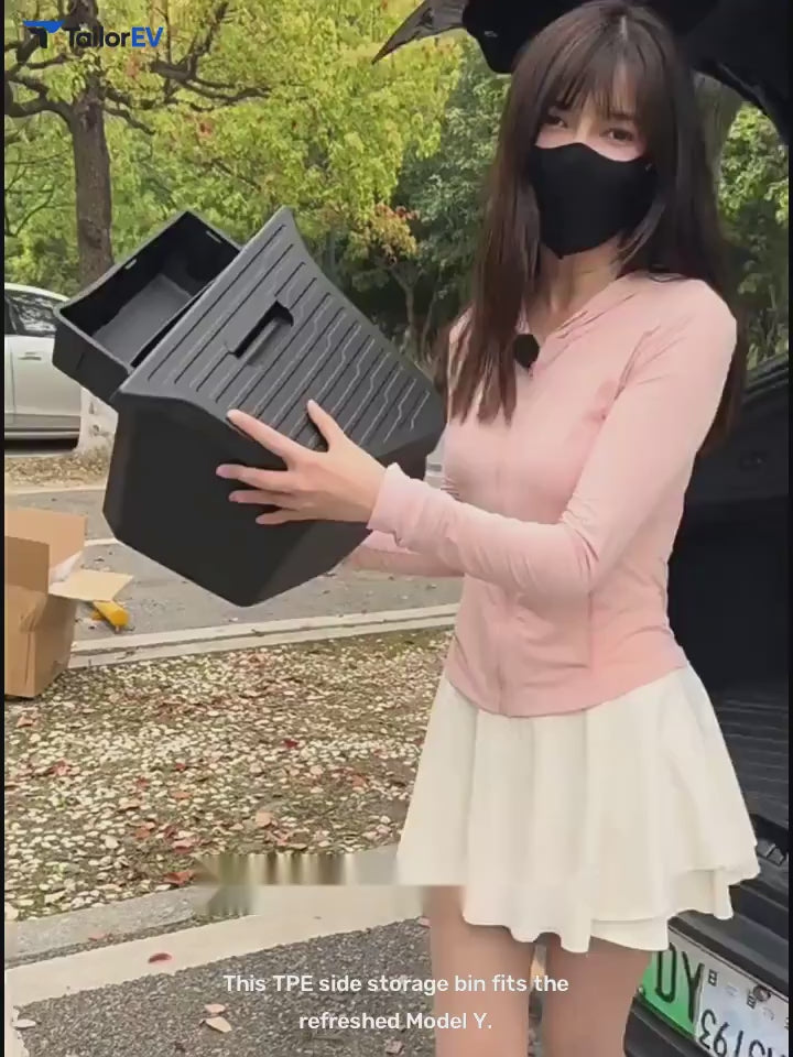 Dibo TPE Trunk Side Storage Box for Tesla Model 3/Y/Y L English product video with transparent TailorEV branding
