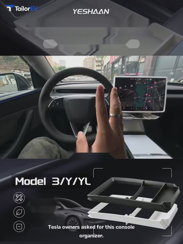 YESHAAN Center Console Organizer for Tesla Model 3/Y/Y L English product video with transparent TailorEV branding