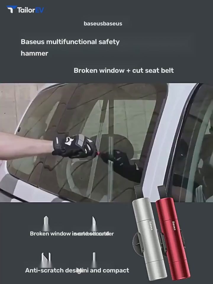 Baseus Window Breaker & Seat Belt Cutter Emergency Tool English product video with transparent TailorEV branding