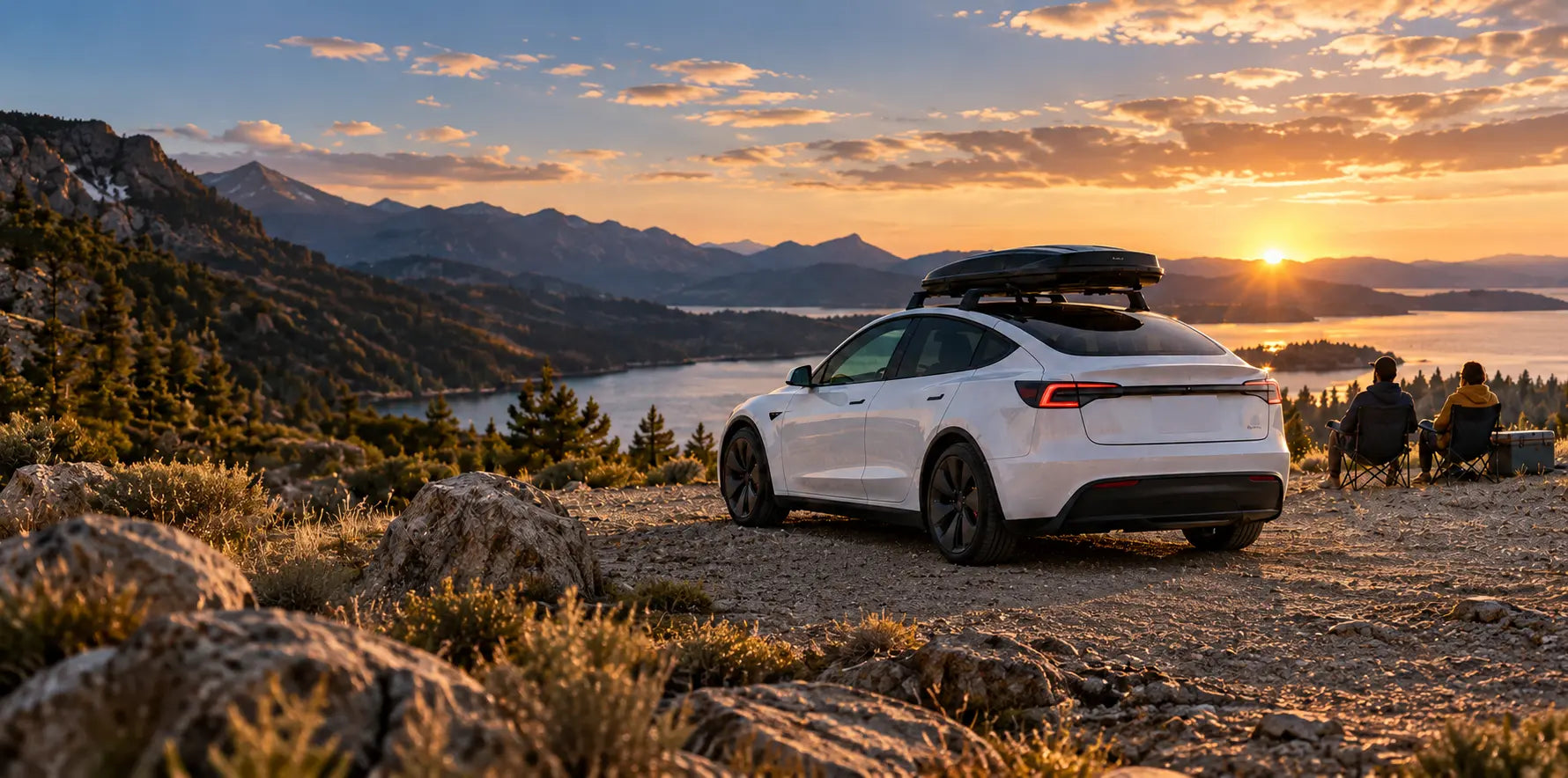 White electric SUV at a mountain overlook